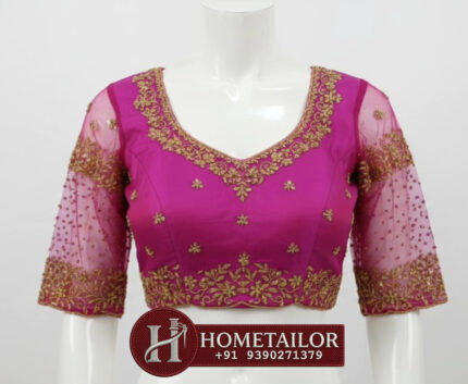 Glamorous Pink Net Party Blouse | Maggam Aari Designer Neck | Custom Fit