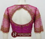 Glamorous Pink Net Party Blouse | Maggam Aari Designer Neck | Custom Fit - Image 2